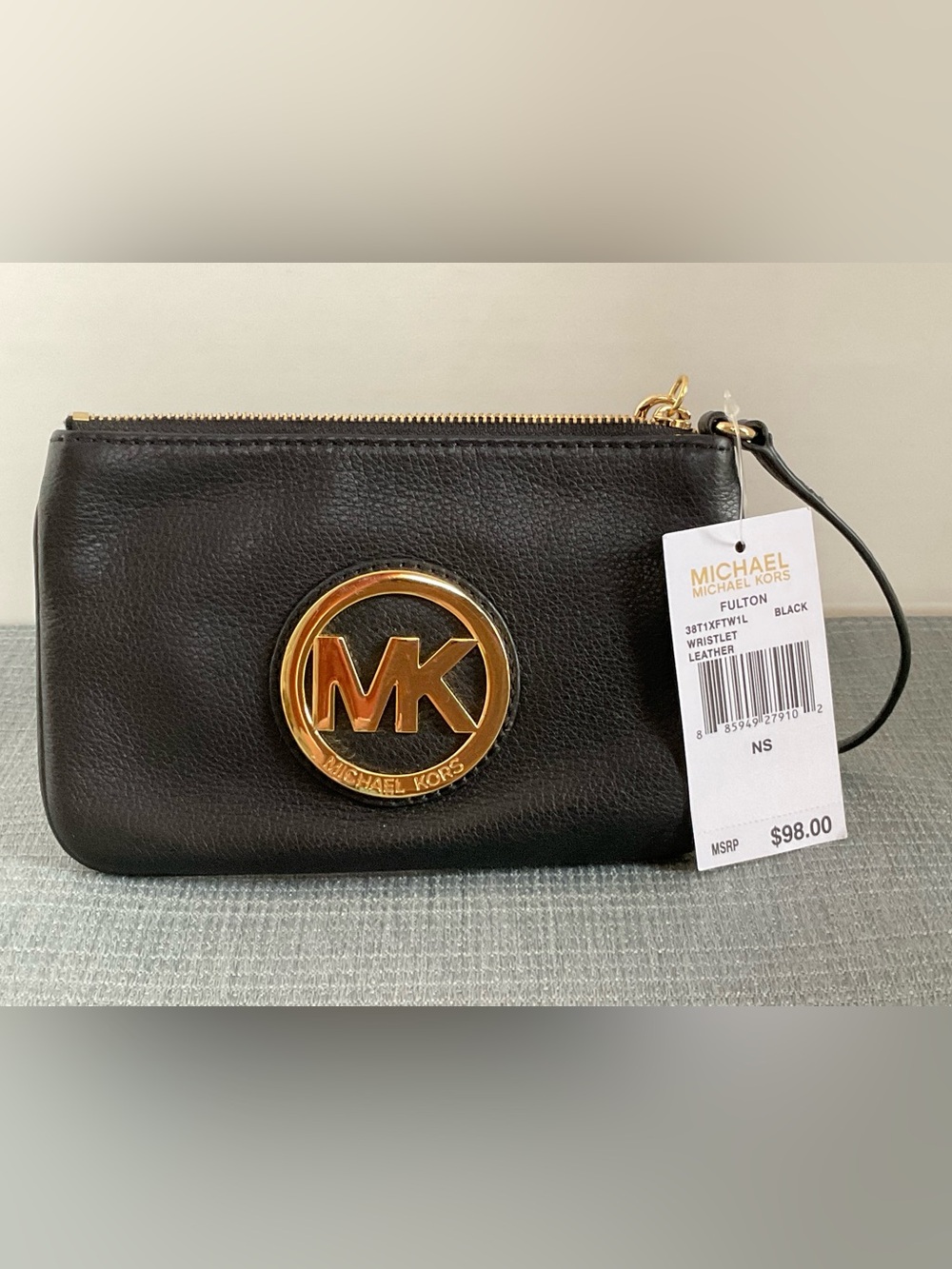 Michael Kors Fulton Black Leather Wristlet with Gold MK Emblem